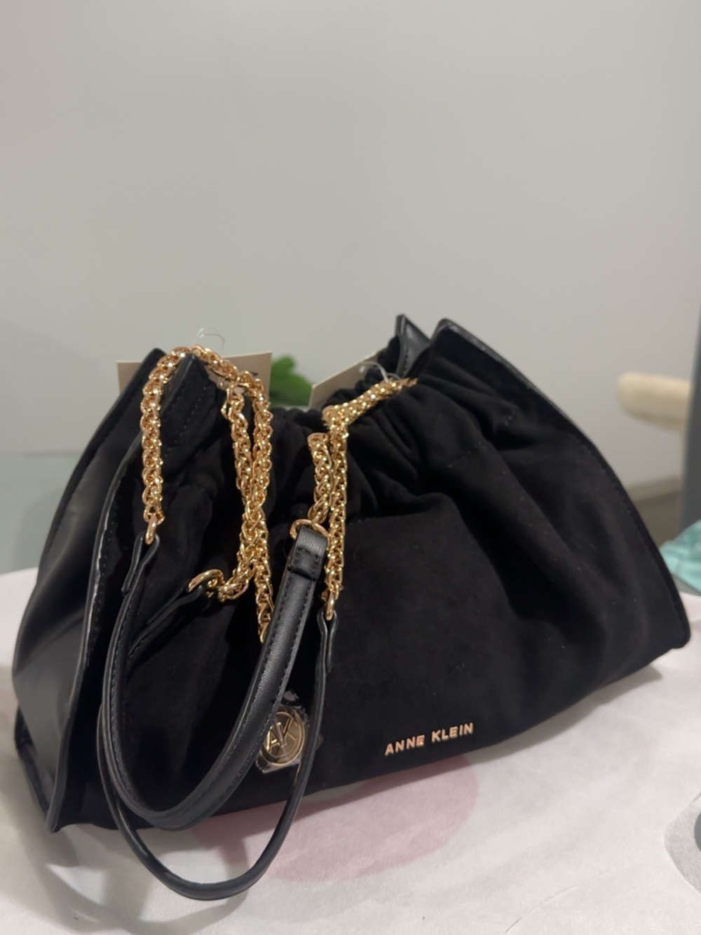 Anne Klein Black Suede Shoulder Bag with Gold Chain Handles